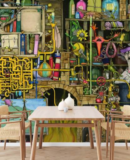 Colorfully Drawn Science Lab Wallpaper