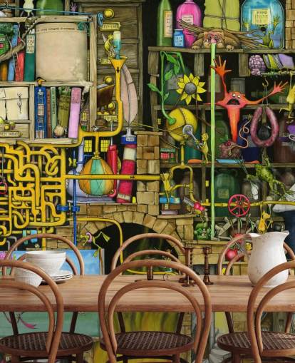 Colorfully Drawn Science Lab Wallpaper