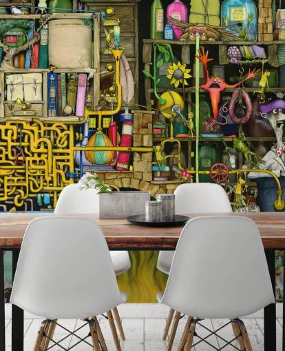 Colorfully Drawn Science Lab Wallpaper