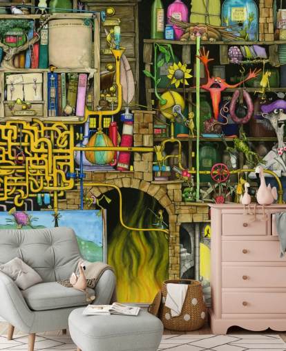 Colourfully Drawn Science Lab Wallpaper