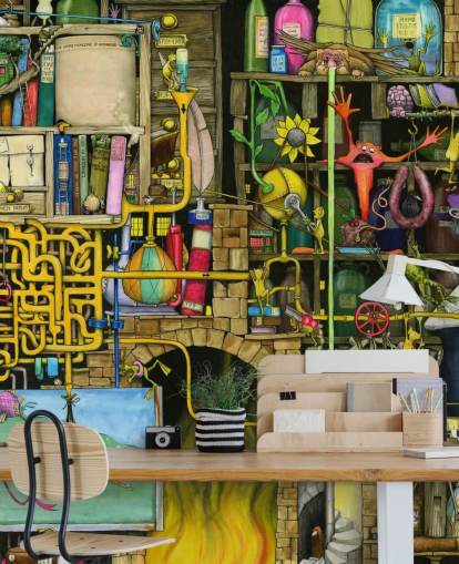 Colorfully Drawn Science Lab Wallpaper