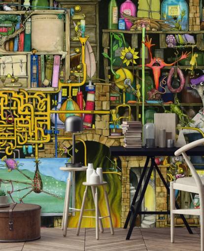 Colorfully Drawn Science Lab Wallpaper