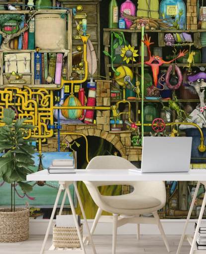 Colourfully Drawn Science Lab Wallpaper