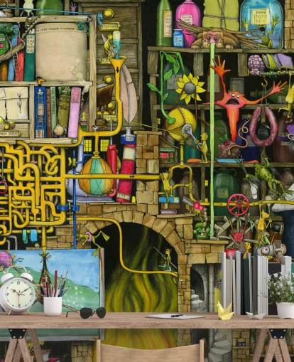 Colorfully Drawn Science Lab Wallpaper