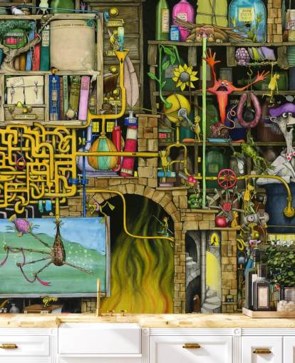 Colorfully Drawn Science Lab Wallpaper