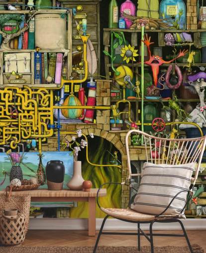 Colorfully Drawn Science Lab Wallpaper