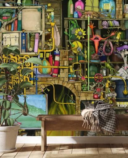 Colorfully Drawn Science Lab Wallpaper