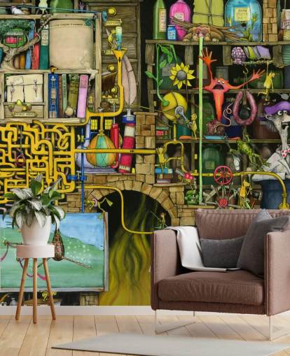 Colorfully Drawn Science Lab Wallpaper