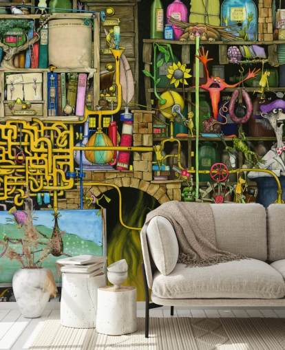 Colorfully Drawn Science Lab Wallpaper