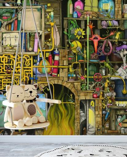 Colorfully Drawn Science Lab Wallpaper