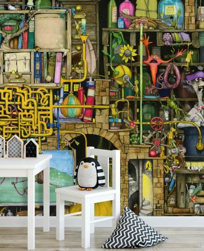 Colourfully Drawn Science Lab Wallpaper