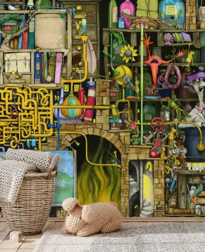 Colourfully Drawn Science Lab Wallpaper