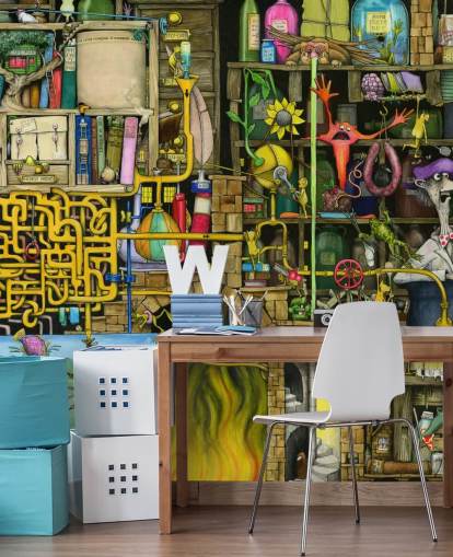 Colourfully Drawn Science Lab Wallpaper