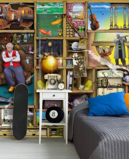 eigenzinnige boekenplank met behang met man erin