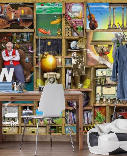 quirky bookshelf with man in them wallpaper