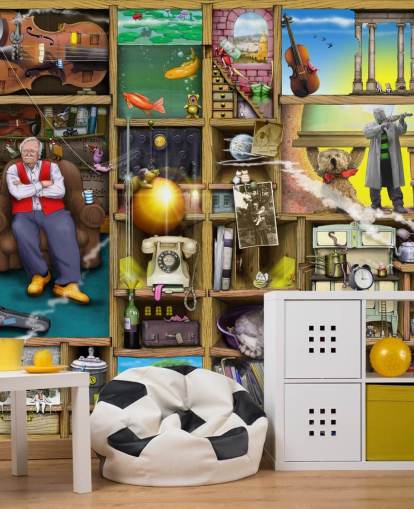 quirky bookshelf with man in them wallpaper