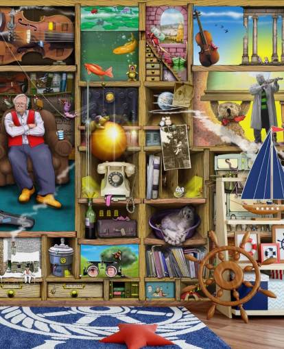 quirky bookshelf with man in them wallpaper