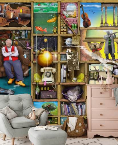 quirky bookshelf with man in them wallpaper quirky bookshelf with man in them wallpaper