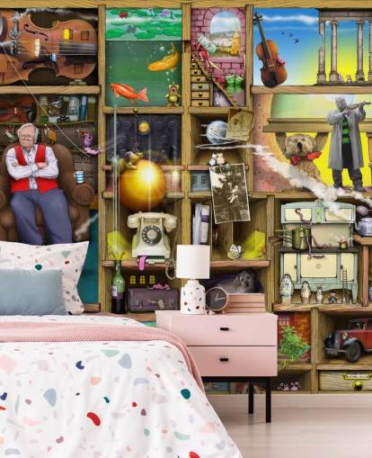 quirky bookshelf with man in them wallpaper quirky bookshelf with man in them wallpaper