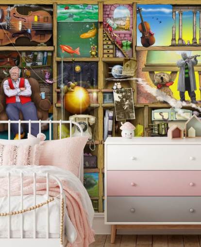 quirky bookshelf with man in them wallpaper