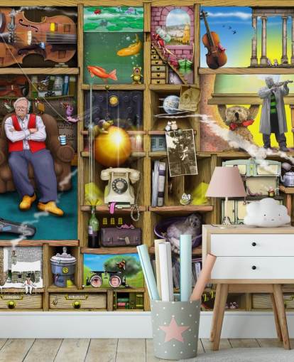 quirky bookshelf with man in them wallpaper