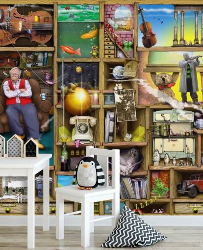 quirky bookshelf with man in them wallpaper