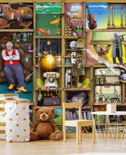 quirky bookshelf with man in them wallpaper