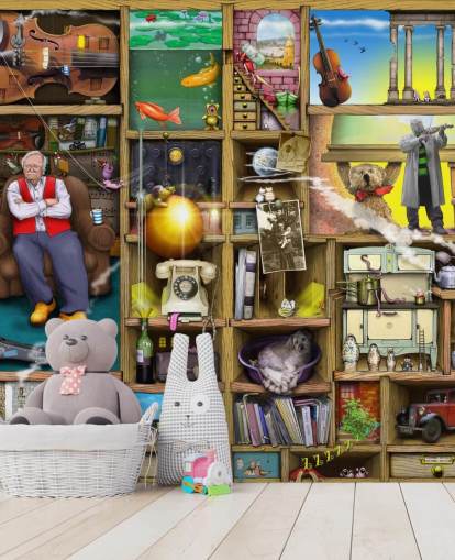 quirky bookshelf with man in them wallpaper