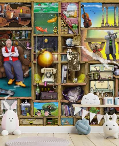 omituinen kirjahylly, jossa mies taustakuvassa