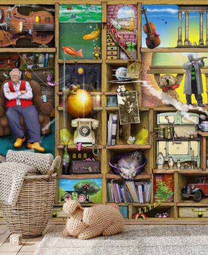 quirky bookshelf with man in them wallpaper