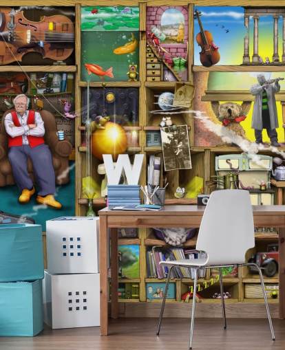 quirky bookshelf with man in them wallpaper