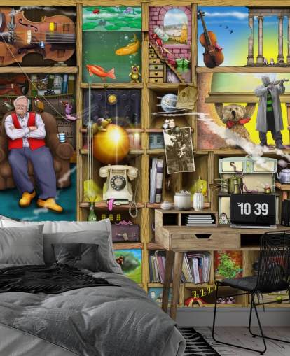 quirky bookshelf with man in them wallpaper quirky bookshelf with man in them wallpaper
