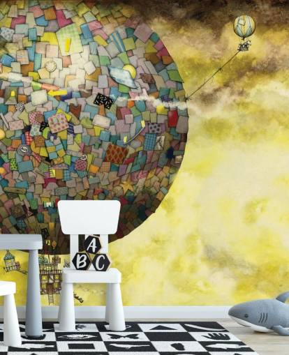 Magisch fantasiebehang met heteluchtballon