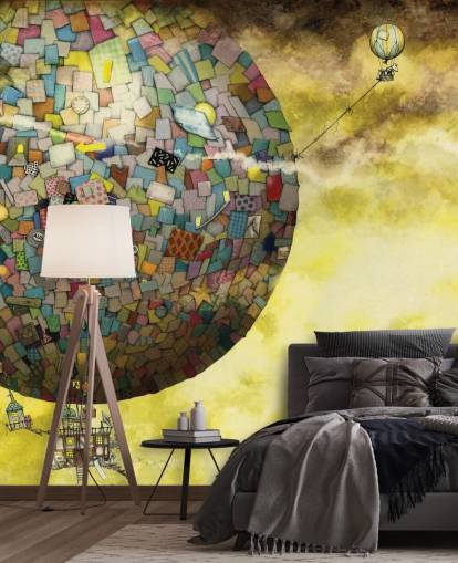 Magisch fantasiebehang met heteluchtballon