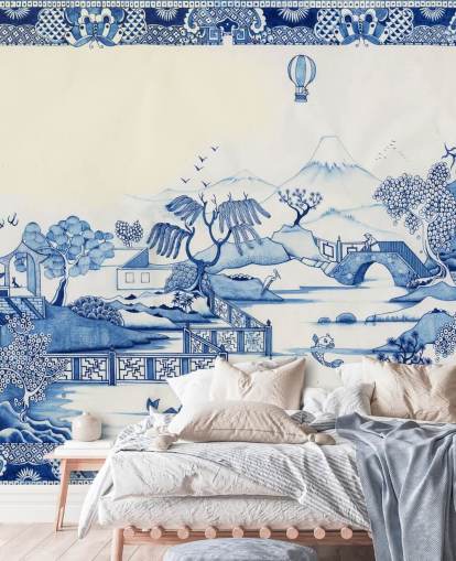 blue and white oriental landscape wallpaper