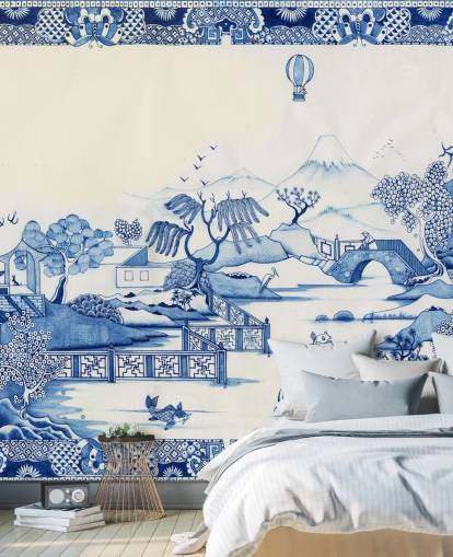 papier peint paysage oriental bleu et blanc