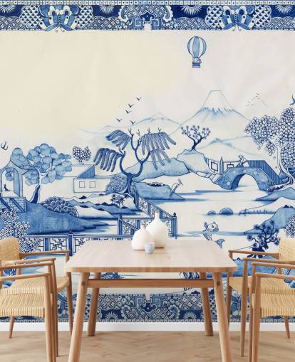 blue and white oriental landscape wallpaper