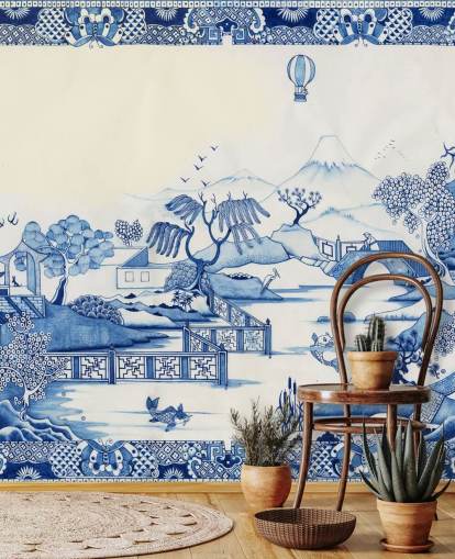 blue and white oriental landscape wallpaper