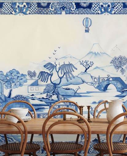 blue and white oriental landscape wallpaper