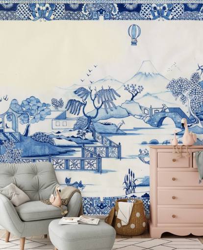 blue and white oriental landscape wallpaper