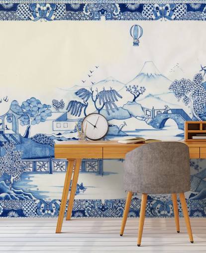blue and white oriental landscape wallpaper