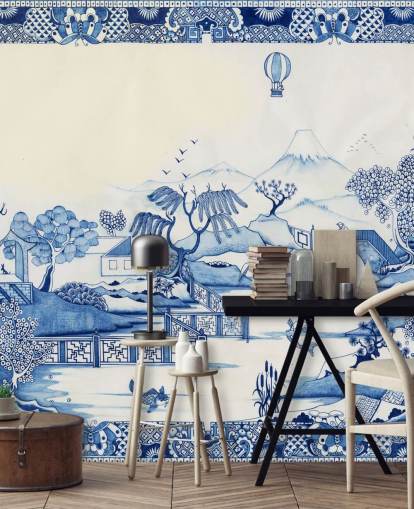 blue and white oriental landscape wallpaper