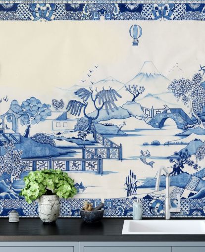 blue and white oriental landscape wallpaper