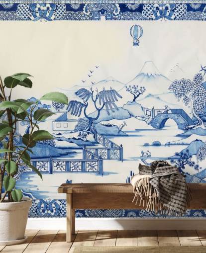 blauw-wit oosters landschapsbehang