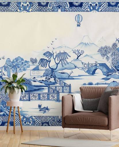 fondo de pantalla de paisaje oriental azul y blanco