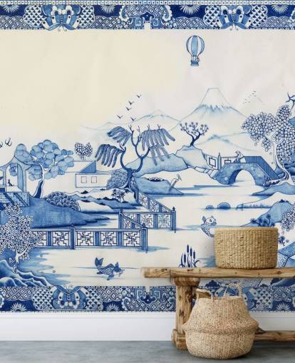 blaue und weiße orientalische Landschaftstapete