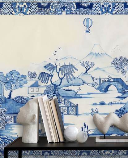 blue and white oriental landscape wallpaper