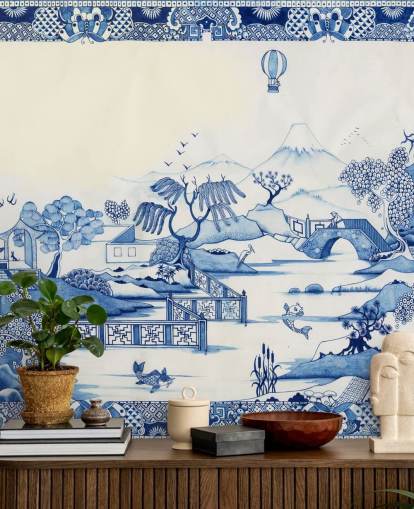 blauw-wit oosters landschapsbehang