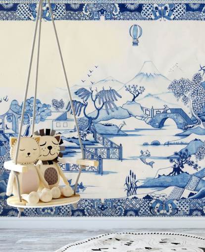 blauw-wit oosters landschapsbehang