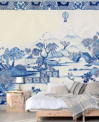carta da parati con paesaggio orientale blu e bianco